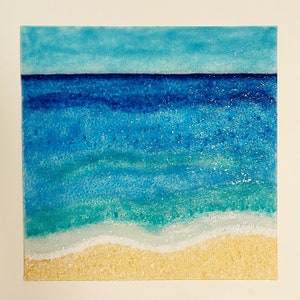 Fused Glass Beach Wall Art, Turquoise Ocean Waves, Handmade Panel
