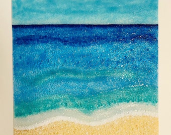 Fused Glass Beach Wall Art, Turquoise Sea Glass Picture, Ocean Beach Panel, Blue Ocean Waves Art, Beach House Wall Decor