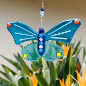 Fused Glass Butterfly Suncatcher, Wall Hanging, Butterfly Ornament, Colorful Glass Garden Decor, Glass Art Wall Decor