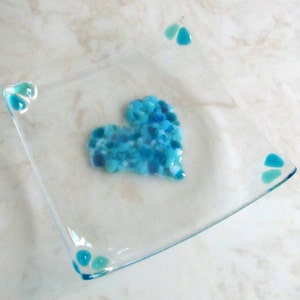 Fused Glass Plate, Valentines Soap Dish, Glass Turquoise Blue Heart, Mother's Day Gift, Valentine's Day image 2