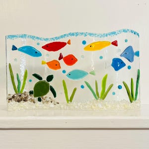 Fused Glass Sea Turtle Art, Fish, Ocean Wave Decor