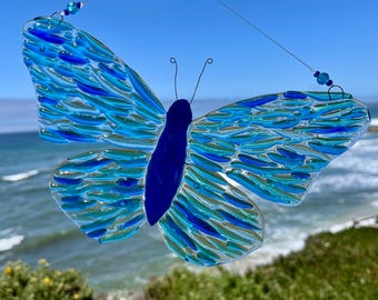 Fused Glass Butterfly Suncatcher, Ocean Blue Wall Decor