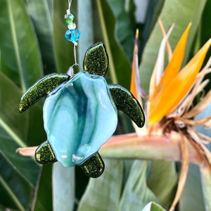 Suncatcher met gesmolten glazen zeeschildpad, Hawaiiaans stranddecor