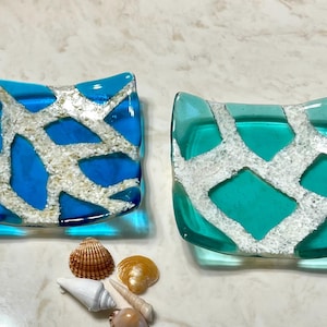 Fused Glass Beach Plate, Branching Coral Dish, Turquoise Blue Sea Glass Jewelry Keeper, Aquamarine Ocean Beach Decor