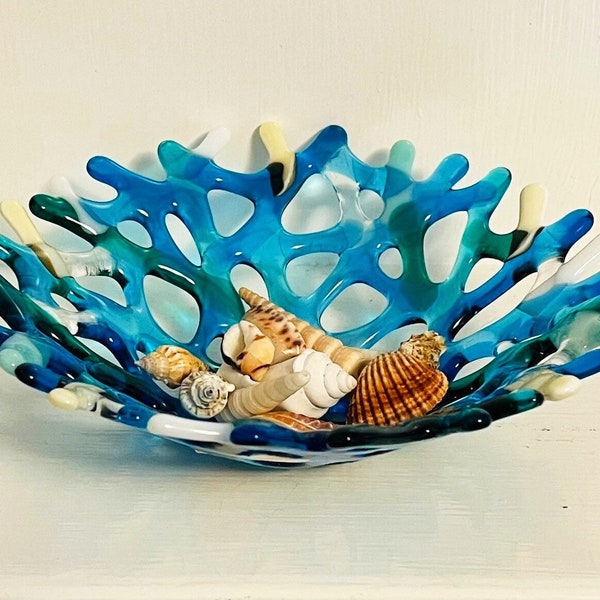 Fused Glass Coral Bowl, Branching Coral Plate, Turquoise, Emerald Seashells Holder, Ocean Beach Decor, Beach Glass Art
