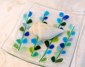 Fused Glass Soap Dish, Plate, Blooming Branches in Blue, Turquoise, White, Valentine's Day Gift, Mother's Day Flowers