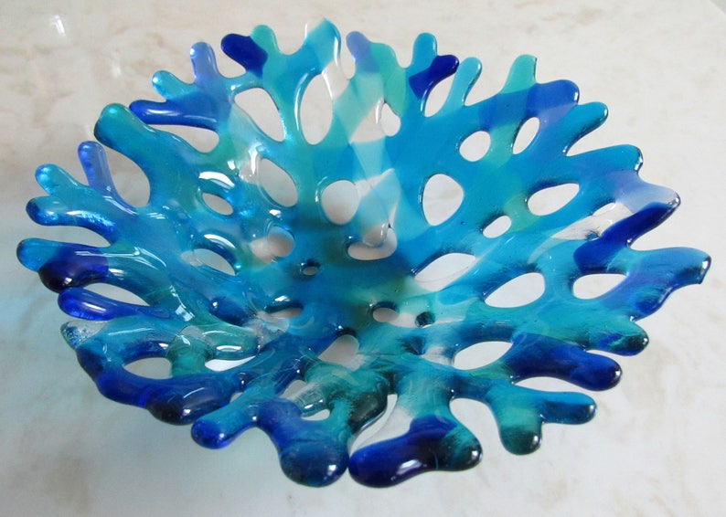 Fused Glass Coral Bowl, Branching Coral Plate, Turquoise Blue Sea Glass Jewelry Keeper, Ocean Beach Decor, Beach Glass Art image 6