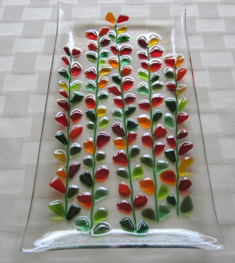 Fused Glass Platter Serving Dish Blooming Branches in Red Etsy