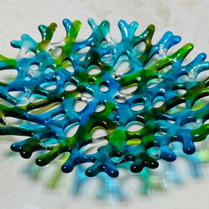 Fused Glass Coral Plate, Glass Branching Coral Wall Decor, Tropical Green and Turquoise Sea Coral Art, Ocean Beach Decor