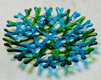 Fused Glass Coral Plate, Glass Branching Coral Wall Decor, Tropical Green and Turquoise Sea Coral Art, Ocean Beach Decor