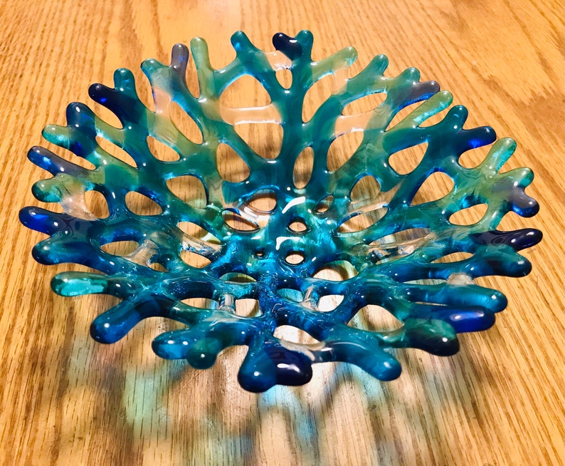Fused Glass Coral Bowl, Branching Coral Plate, Turquoise Blue Sea Glass Jewelry Keeper, Ocean Beach Decor, Beach Glass Art image 7