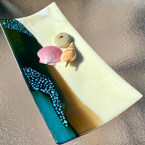 Lange Platte aus geschmolzenem Glas, Meereswelle, Lava Küste, Hawaiische Glaskunst, Flow, Türkis Meer Strand, Hochzeitsgeschenk Strand, Serviertablett