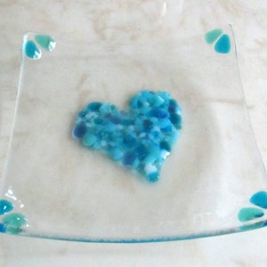 Fused Glass Plate, Valentines Soap Dish, Glass Turquoise Blue Heart, Mother's Day Gift, Valentine's Day image 1