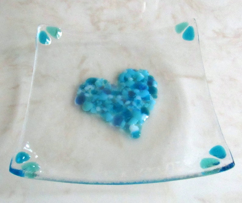 Fused Glass Plate, Valentines Soap Dish, Glass Turquoise Blue Heart, Mother's Day Gift, Valentine's Day image 1