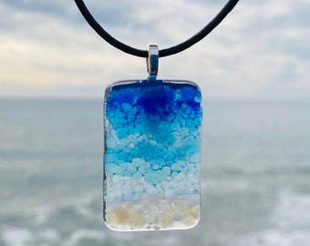 Fused Glass Beach Necklace, Glass Ocean Waves Jewelry, Turquoise Blue Glass Pendant