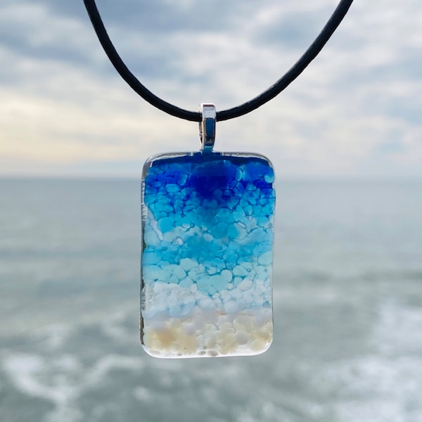 Fused Glass Beach Necklace, Glass Ocean Waves Jewelry, Turquoise Blue Glass Pendant