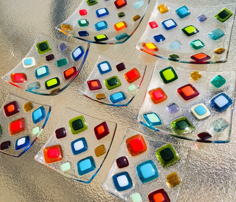 Fused Glass Plate Bright Colorful Diamonds Modern Glass Etsy