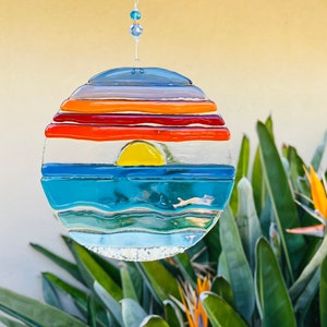 Fused Glass Beach Sunset Suncatcher, Round Sunset Glass Wall Art, Blue Ocean Waves, Turquoise Sea Glass Art