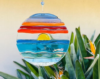 Fused Glass Beach Sunset Suncatcher, Ocean Waves Round Wall Art