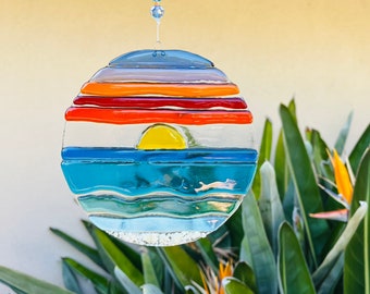 Fused Glass Beach Sunset Suncatcher, Round Sunset Glass Wall Art, Blue Ocean Waves, Turquoise Sea Glass Art