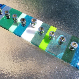 Fused Glass Hanukkah Menorah, Earth & Sky Design,  Green Fields and Blue Ocean Beach