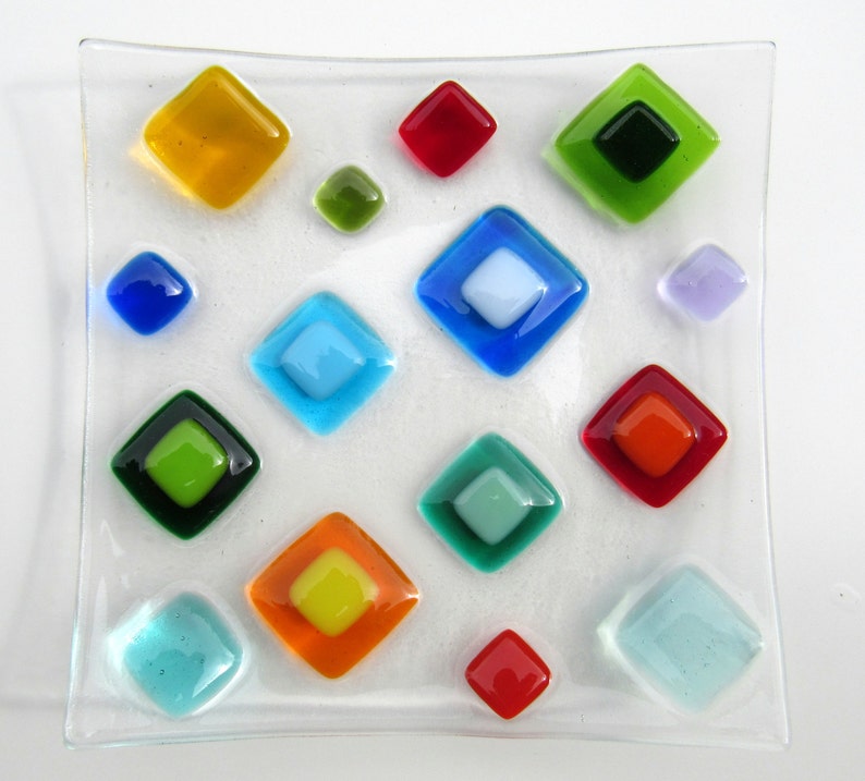Fused Glass Plate Bright Colorful Diamonds Modern Glass Etsy