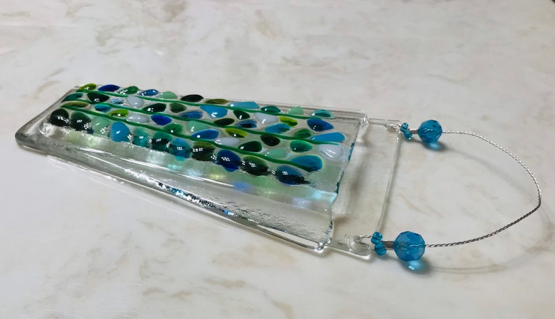 Fused Glass Wall Vase, Hanging Pocket Flower Vase, Blooming Branches, Blue Turquoise White, Mothers Day Flowers imagem 6