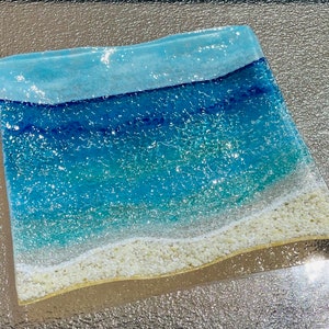 Fusing Glass Strand Platte, Glas Ocean Wave Servierplatte, Türkis Blau Seeglas Servierplatte, Ocean Glass Art