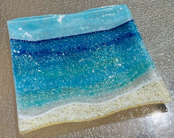 Fused Glass Beach Plate, Glass Ocean Wave Platter, Turquoise Blue Sea Glass Serving Dish, Ocean Glass Art