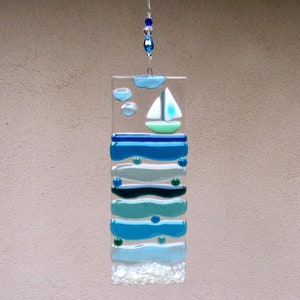 Fused Glass Beach Suncatcher, Glass Sailing Boat, Blue Ocean Waves, Turquoise Sea Glass Wall Art, Window Panel, Beach House Decor