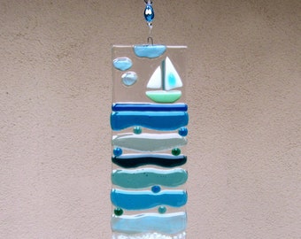 Fused Glass Beach Suncatcher, Glass Sailing Boat, Blue Ocean Waves, Turquoise Sea Glass Wall Art, Window Panel, Beach House Decor