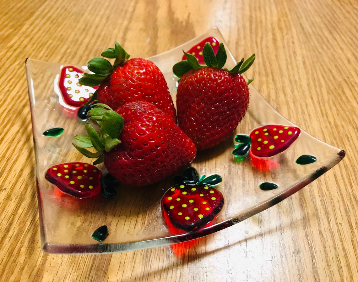 Fused Glass Strawberry Plate Red Glass Strawberries Berry Etsy