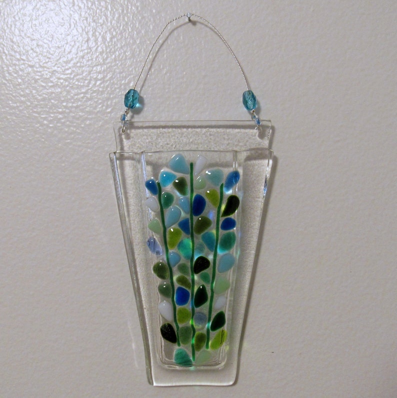 Fused Glass Wall Vase, Hanging Pocket Flower Vase, Blooming Branches, Blue Turquoise White, Mothers Day Flowers imagem 2
