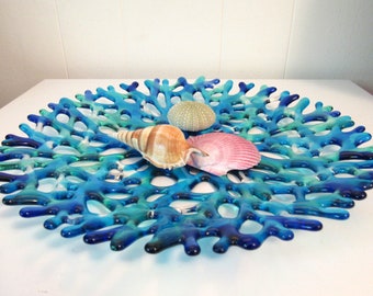 Fused Glass Coral Plate, Large Coral Wall Decor, Turquoise Blue Sea Glass Coral Art, Ocean Beach House Decor, Glass Art