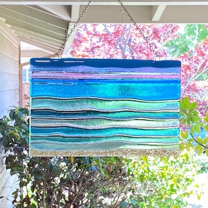 Fused Glass Beach Window Panel, Ocean Waves Wall Art, Sea Glass Decor