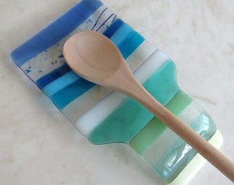 Fused Glass Spoon Rest, Beach, Turquoise Blue Sea Glass Dish, Mother's Day Gift, Kitchen Decor, Beach House