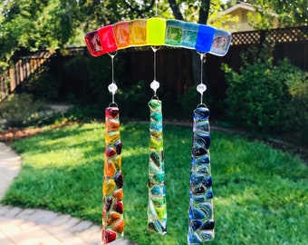 Fused Glass Wind Chime, Glass Rainbow Suncatcher, Sunset Skies Glass Mobile, Colorful Glass Wall Hanging, Garden Art, Mosaic Decor