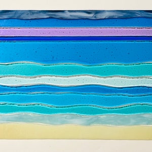 Beach Glass Art, Blue Glass Ocean Waves, Ocean Beach Window Panel, Beach House Decor