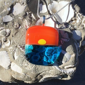 Fused Glass Sunset Necklace, Ocean Beach Pendant, Turquoise Sea Glass Jewelry, Ocean Wave, Valentine&#39;s Day Romantic Jewelry, Gifts For Her