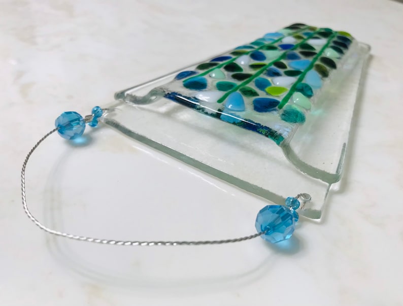 Fused Glass Wall Vase, Hanging Pocket Flower Vase, Blooming Branches, Blue Turquoise White, Mothers Day Flowers imagem 7