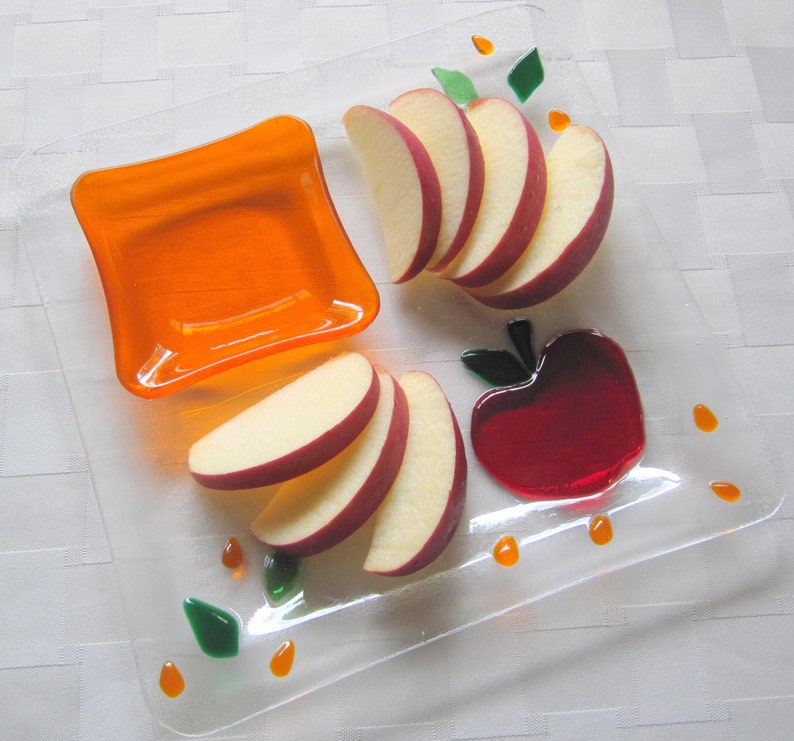 Fused Glass Plate Apple and Honey Plate Set Honey Dish Rosh Etsy
