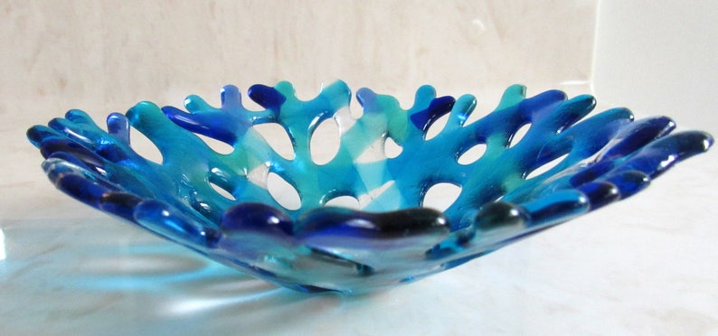 Fused Glass Coral Bowl, Branching Coral Plate, Turquoise Blue Sea Glass Jewelry Keeper, Ocean Beach Decor, Beach Glass Art image 5