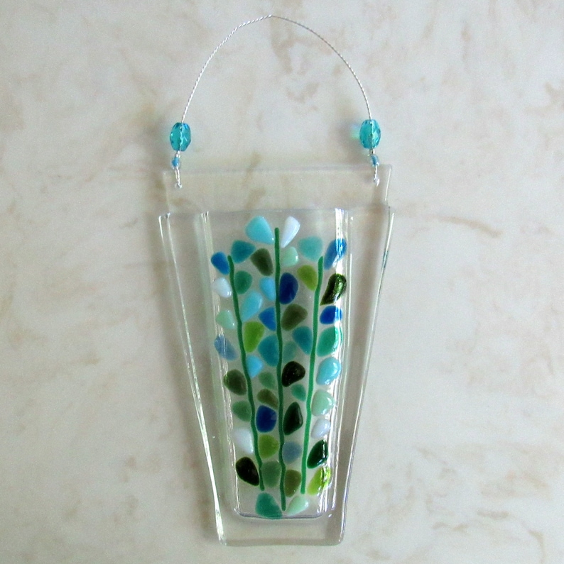 Fused Glass Wall Vase, Hanging Pocket Flower Vase, Blooming Branches, Blue Turquoise White, Mothers Day Flowers imagem 4
