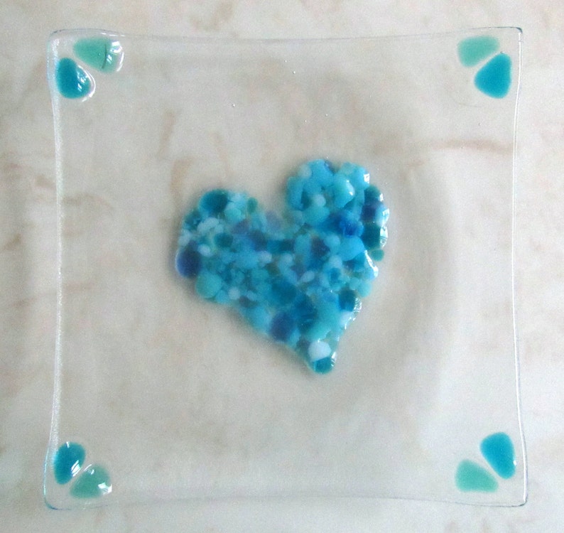 Fused Glass Plate, Valentines Soap Dish, Glass Turquoise Blue Heart, Mother's Day Gift, Valentine's Day image 4