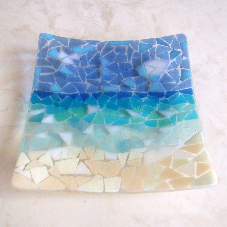 Fused Glass Mosaic Beach Plate Sand Sea and Sky Ocean Beach Etsy