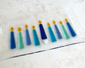 Fused Glass Hanukkah Platter, Turquoise Blue Hanukkah Candles, Festival of Lights, Menorah, Jewish Wedding Gift