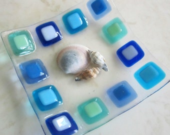 Fused Glass Plate, Turquoise Blue Mint Squares, Modern Soap Dish