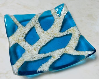 Fused Glass Coral Plate, Branching Coral Dish, Turquoise Blue Sea Glass Jewelry Keeper, Ocean Beach Decor, Beach Glass Art