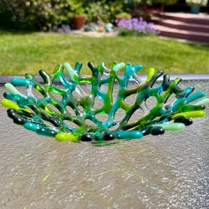 Fused Glass Coral Bowl, Branching Coral Plate, Green, Aquamarine Blue Sea Glass Jewelry Keeper, Ocean Beach Decor, Beach Glass Art