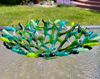Fused Glass Coral Bowl, Branching Coral Plate, Green, Aquamarine Blue Sea Glass Jewelry Keeper, Ocean Beach Decor, Beach Glass Art